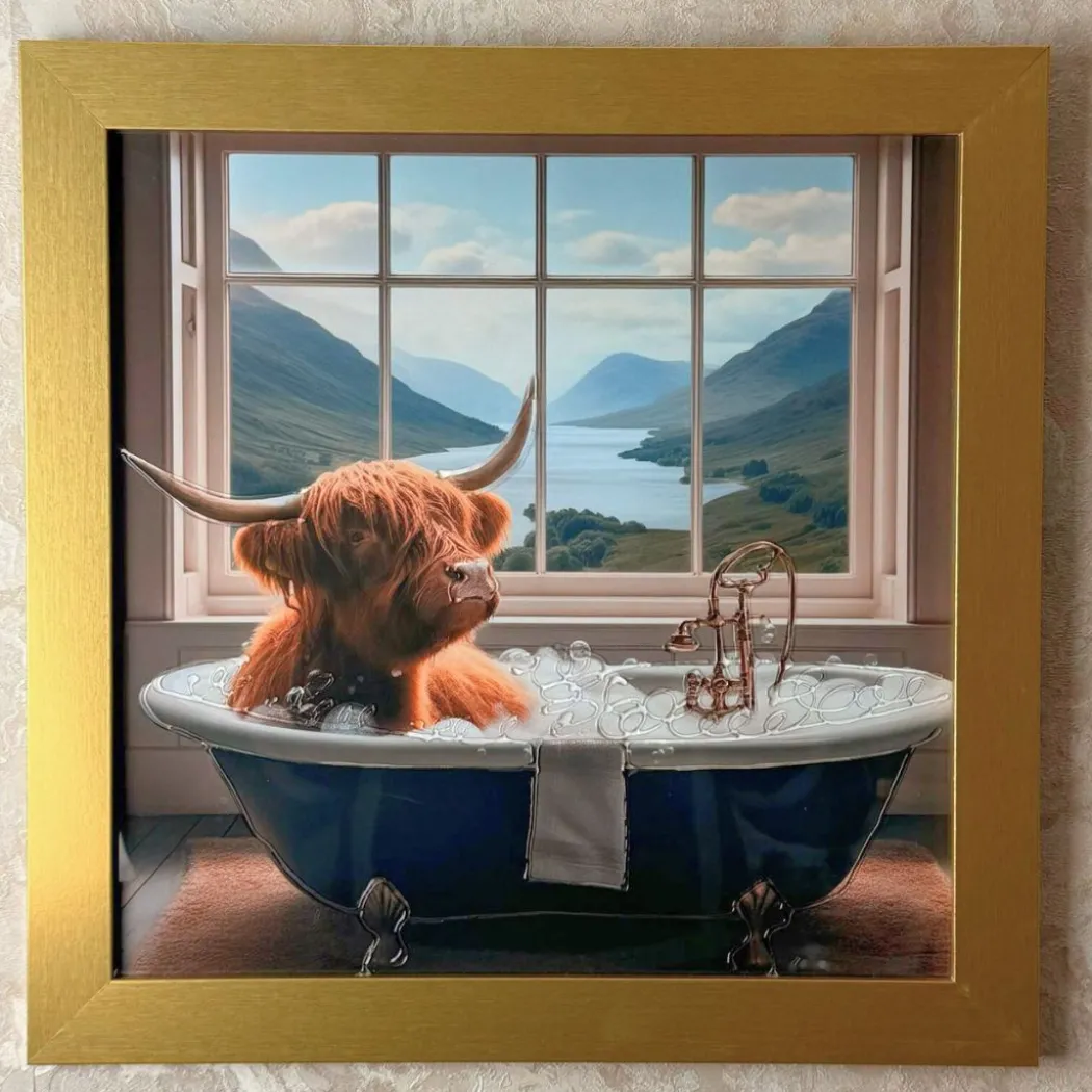 Highland Cow in the Bath II with Gold Frame