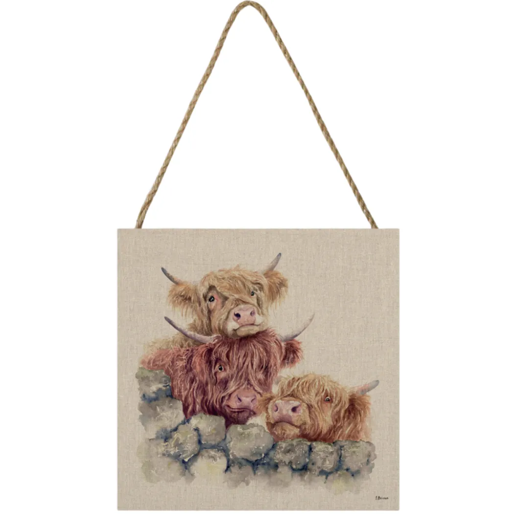 Highland Cow Neighbourhood Watch Small Wooden Hanging Block