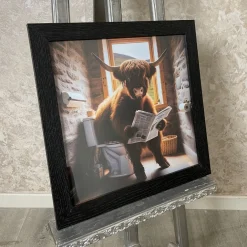 Highland Cow on the Lavatory Artwork with Black Wooden Frame