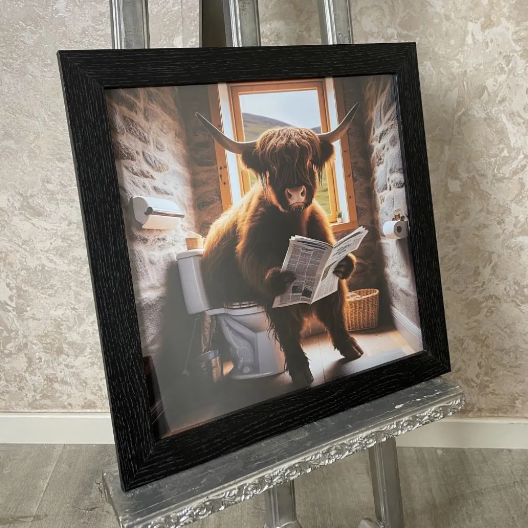 Highland Cow on the Lavatory Artwork with Black Wooden Frame