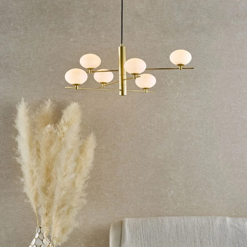 Jasper 6 Light Satin Gold Ceiling Pendant with Opal Glass Shades