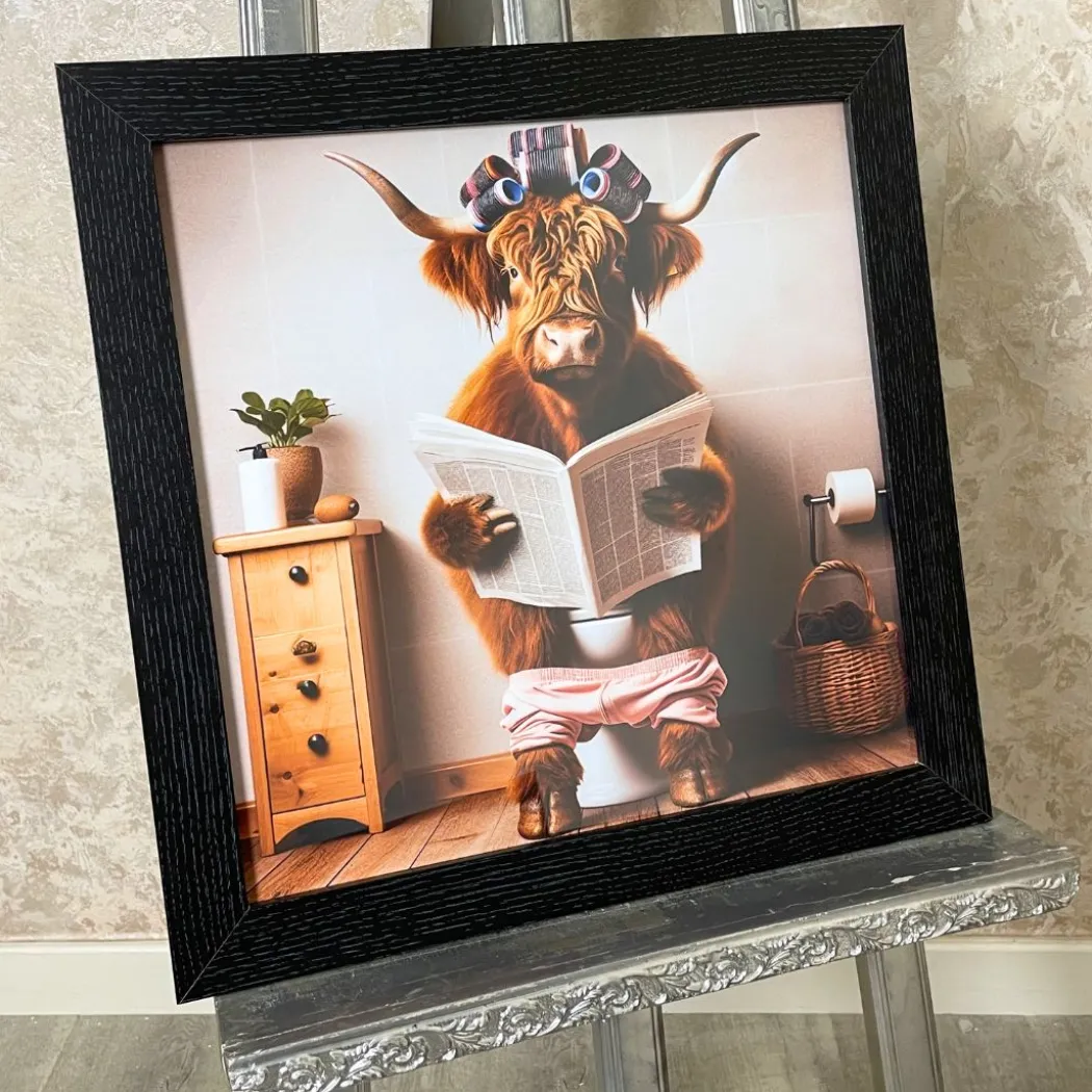 Lady Highland Cow on the Lavatory Artwork with Black Wooden Frame