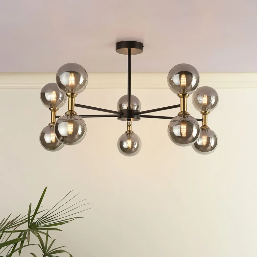 Loxley 10 Light Black & Gold Semi Flush Ceiling Light