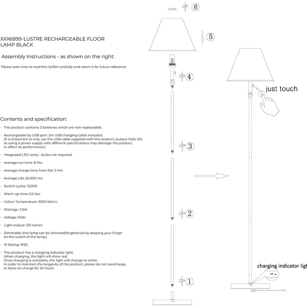 Lustre Black LED Rechargeable Floor Lamp