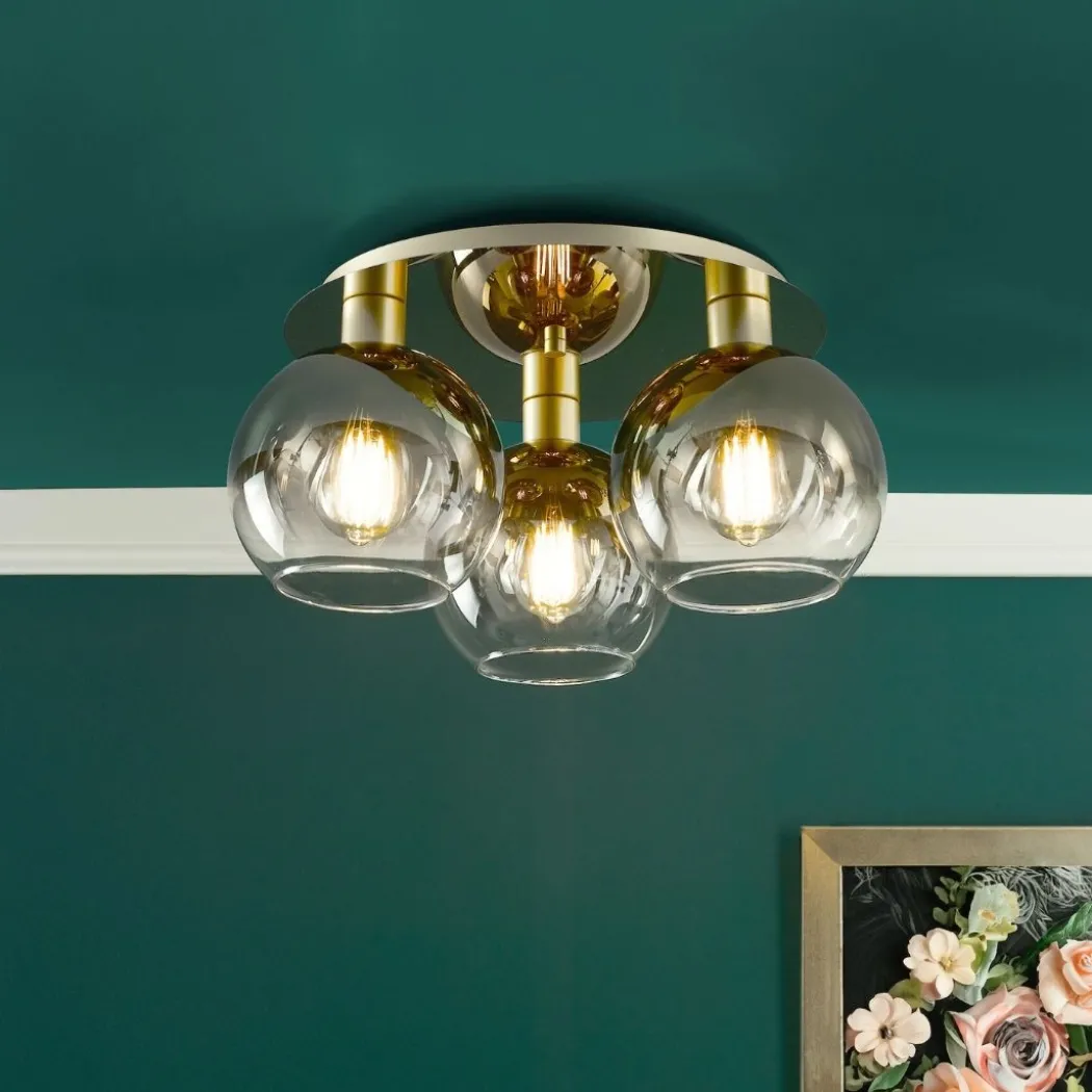 Lycia 3 Light Gold & Ombre Glass Flush Ceiling Light