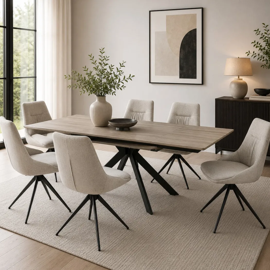 Manhattan 1400 – 1800mm Grey Table 6 Natural Boden Chairs