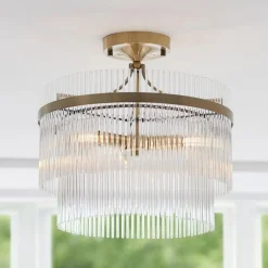 Marietta 3 Light Antique Brass & Glass Semi Flush Ceiling Light