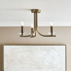 Morden 3 Light Antique Brass Semi Flush Ceiling Light