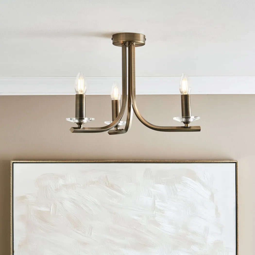 Morden 3 Light Antique Brass Semi Flush Ceiling Light