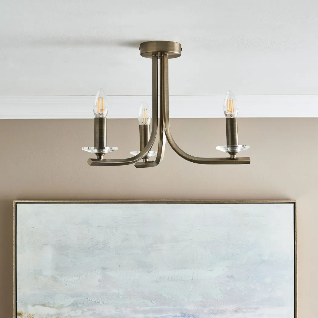 Morden 3 Light Antique Brass Semi Flush Ceiling Light
