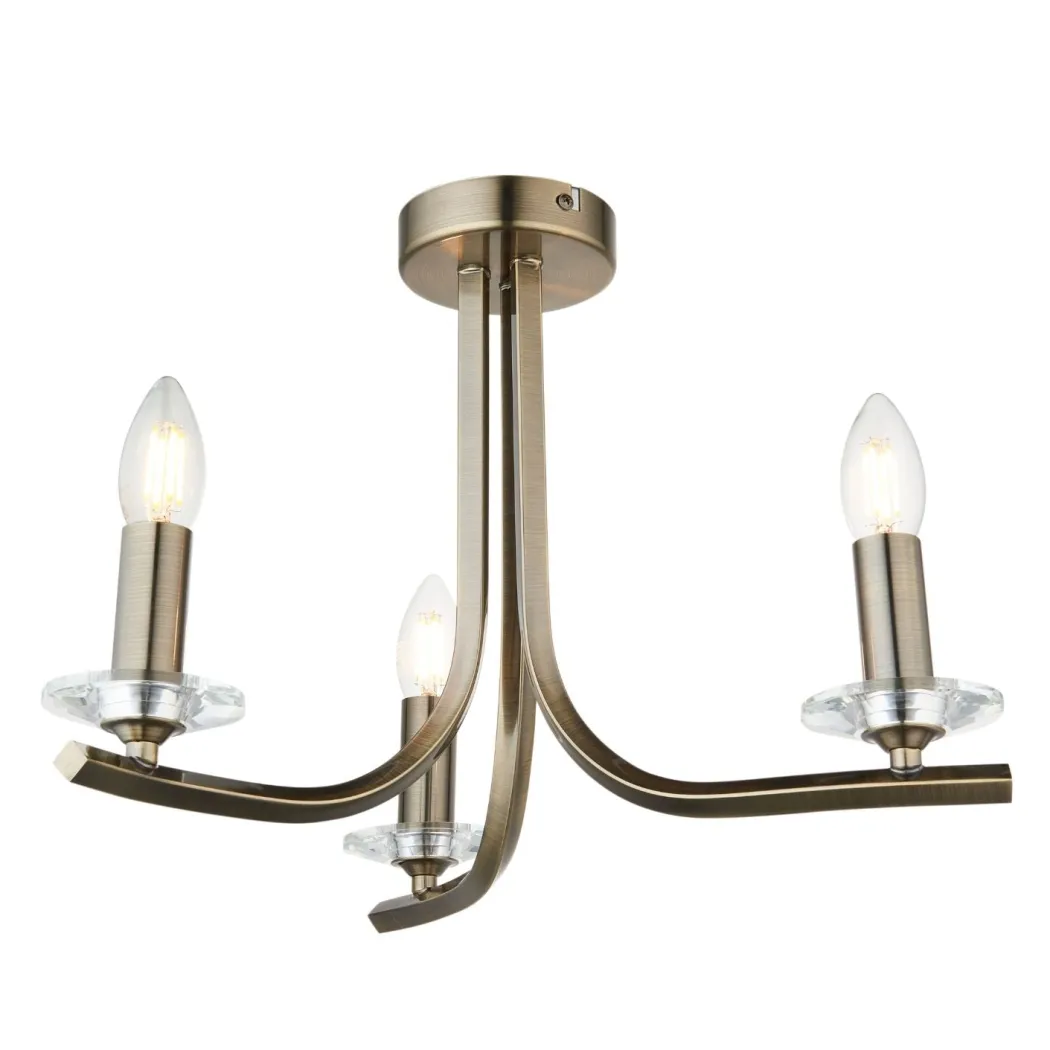Morden 3 Light Antique Brass Semi Flush Ceiling Light
