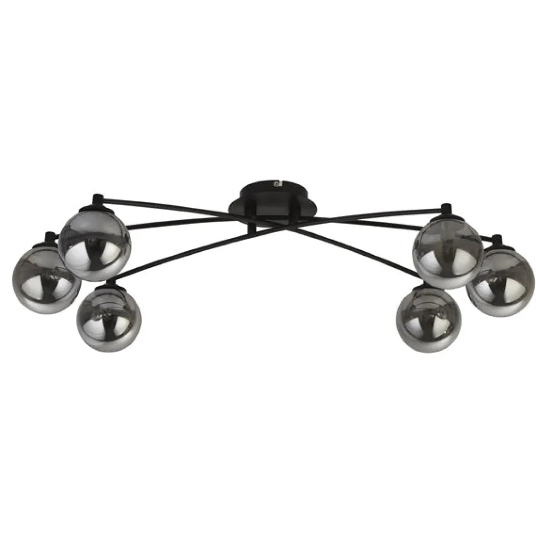 Navarro Flush 6 Light Black Ceiling Light with Smoked Glass