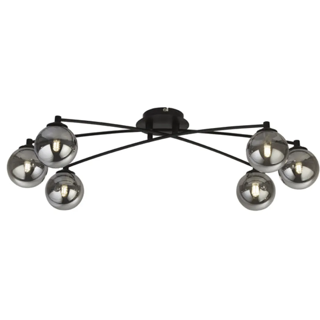 Navarro Flush 6 Light Black Ceiling Light with Smoked Glass