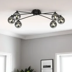 Navarro Flush 6 Light Black Ceiling Light with Smoked Glass