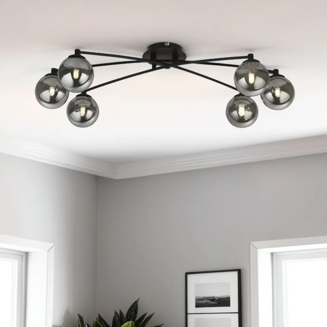 Navarro Flush 6 Light Black Ceiling Light with Smoked Glass