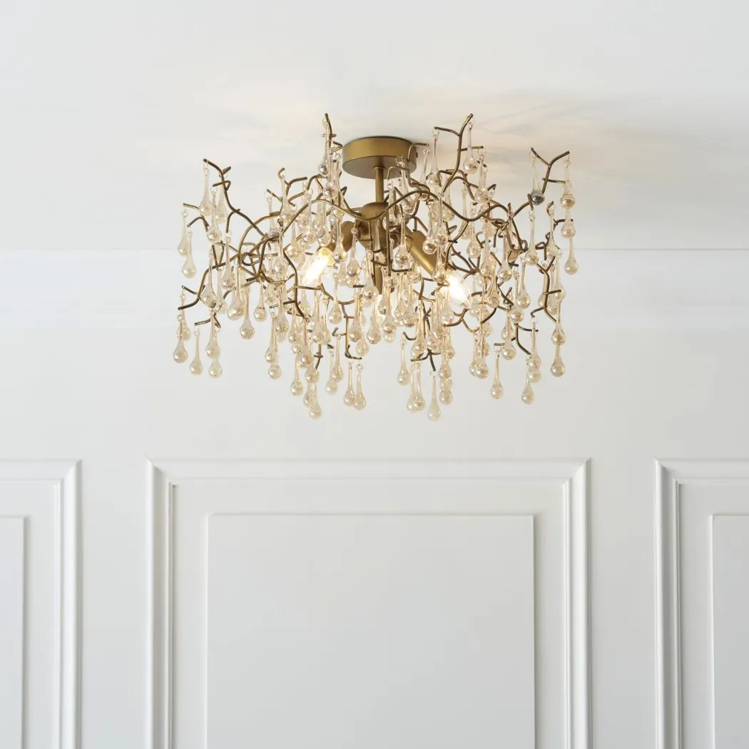 Nightingale 3 Light Gold & Glass Semi Flush Ceiling Light