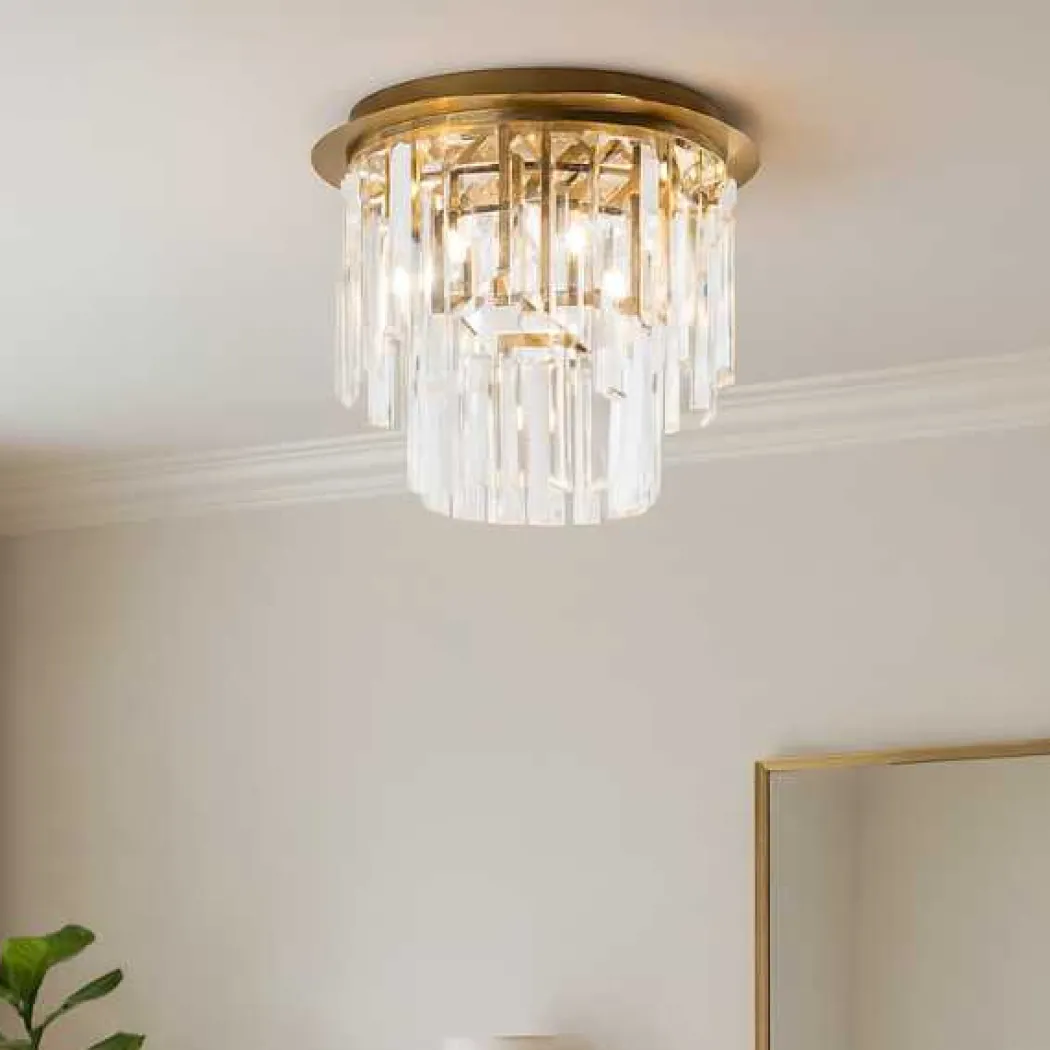 Onega 3 Light Antique Brass & Glass Flush Ceiling Light
