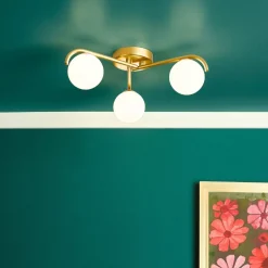 Orlena 3 Light Satin Gold Flush Ceiling Light with Opal Glass Shades
