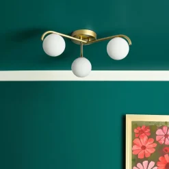 Orlena 3 Light Satin Gold Flush Ceiling Light with Opal Glass Shades