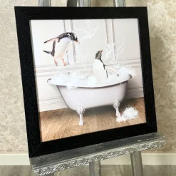 Penguins in the Tub Wall Art with Black Frame