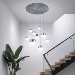 Planets 9 Light Polished Chrome, Satin Brass and Copper Pendant Ceiling Light
