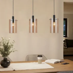 Polverara 3 Light Black & Amber Glass Ceiling Pendant Bar