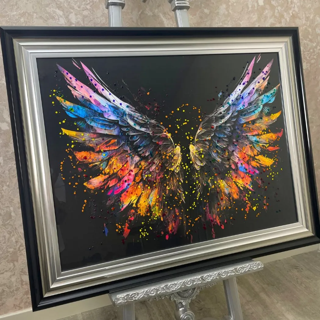 Rainbow Angel Wings Wall Art with Black Frame