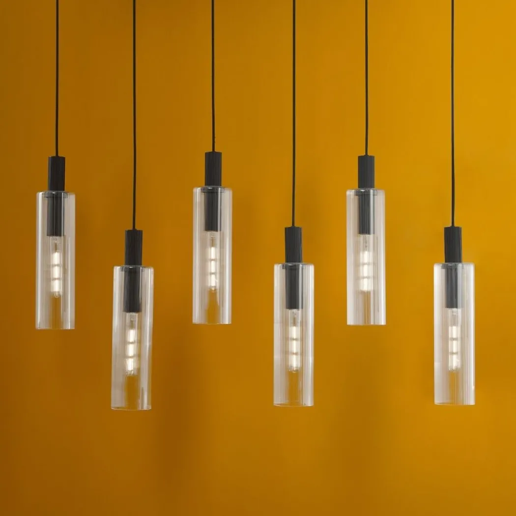 Ruben 6 Light Satin Black and Ribbed Glass Pendant Ceiling Bar