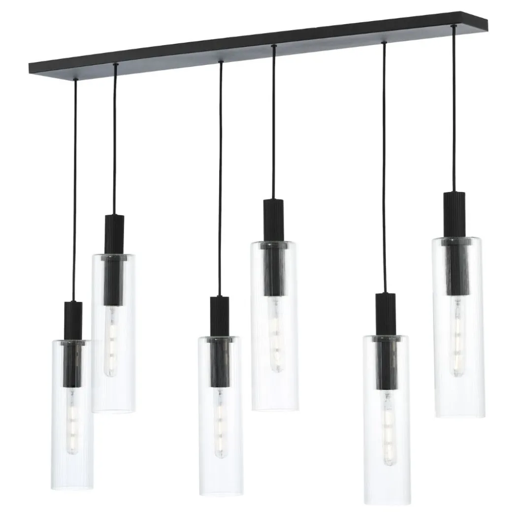Ruben 6 Light Satin Black and Ribbed Glass Pendant Ceiling Bar