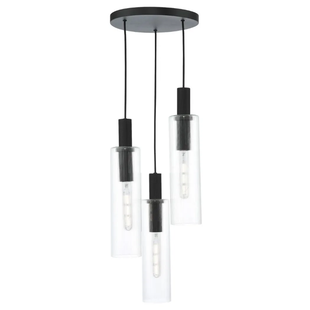 Ruben 3 Light Satin Black and Ribbed Glass Cluster Pendant Ceiling Light
