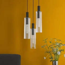 Ruben 3 Light Satin Black and Ribbed Glass Cluster Pendant Ceiling Light