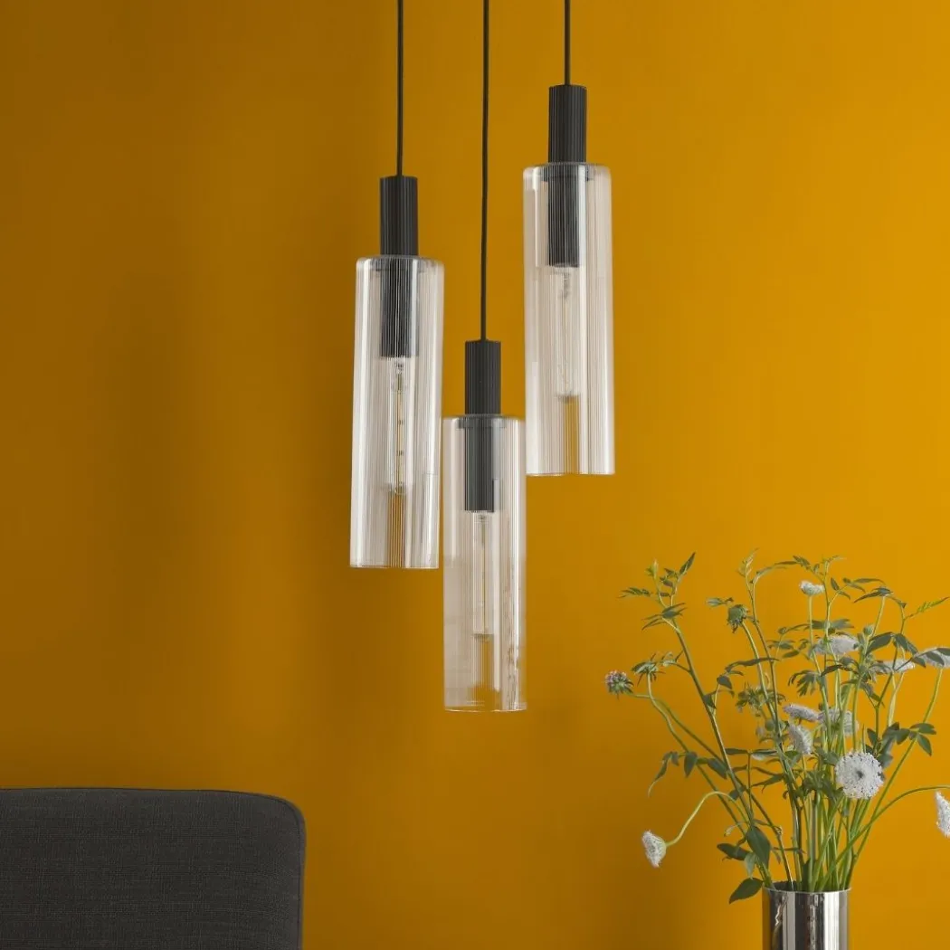 Ruben 3 Light Satin Black and Ribbed Glass Cluster Pendant Ceiling Light