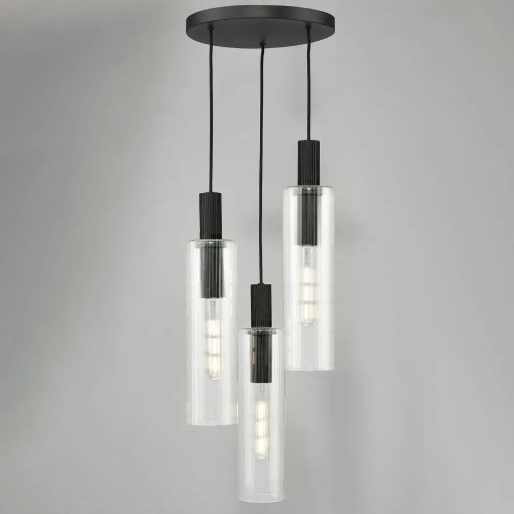 Ruben 3 Light Satin Black and Ribbed Glass Cluster Pendant Ceiling Light