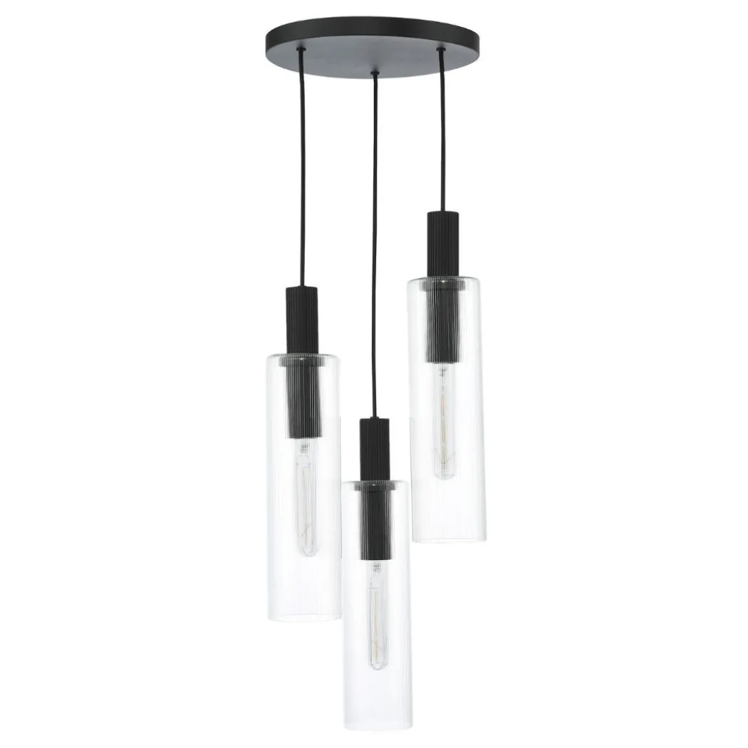 Ruben 3 Light Satin Black and Ribbed Glass Cluster Pendant Ceiling Light