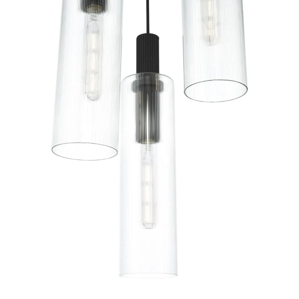 Ruben 3 Light Satin Black and Ribbed Glass Cluster Pendant Ceiling Light