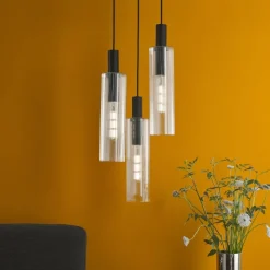 Ruben 3 Light Satin Black and Ribbed Glass Cluster Pendant Ceiling Light