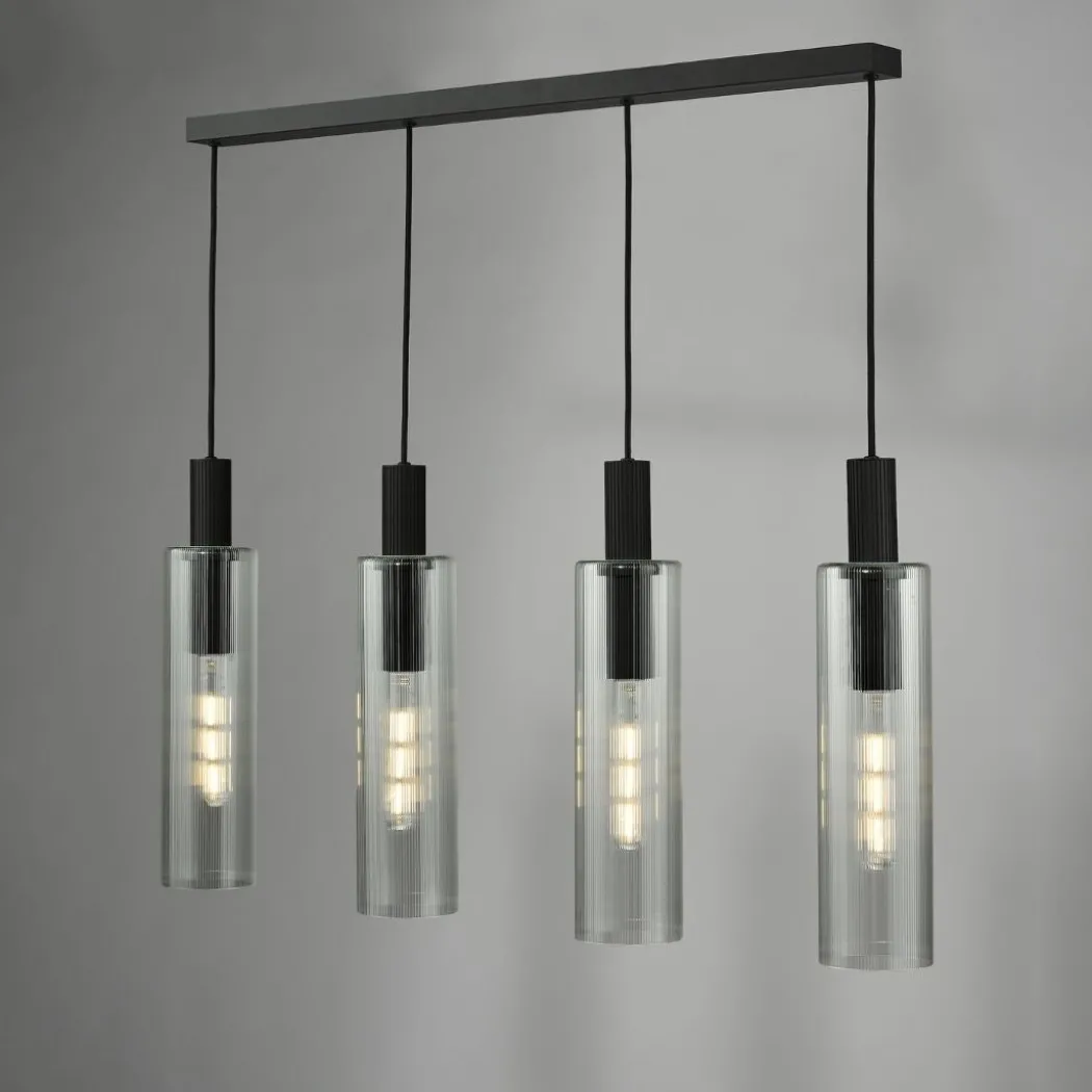 Ruben 4 Light Satin Black and Ribbed Glass Ceiling Pendant Bar