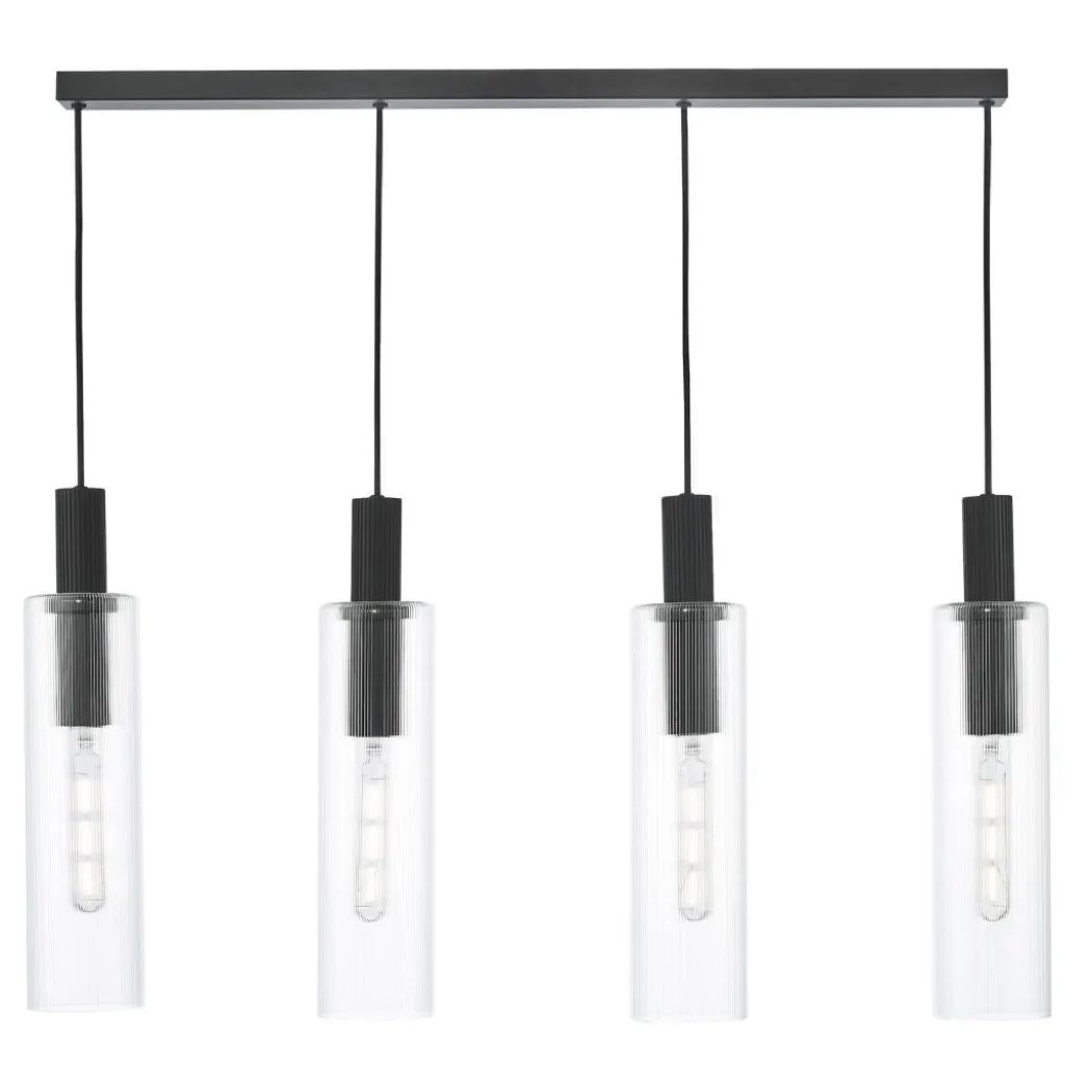 Ruben 4 Light Satin Black and Ribbed Glass Ceiling Pendant Bar