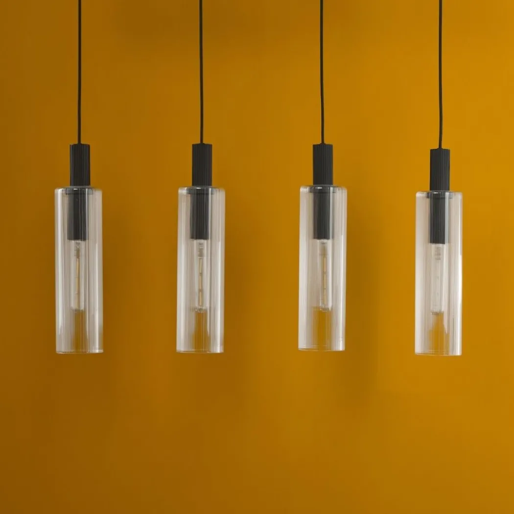 Ruben 4 Light Satin Black and Ribbed Glass Ceiling Pendant Bar