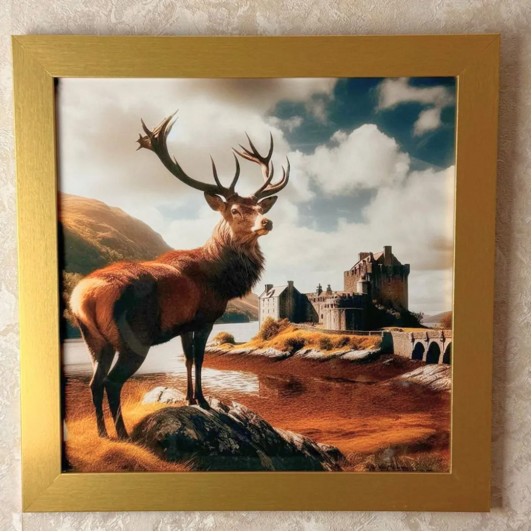 Stag at Eilean Donan Castle Wall Art with Gold Frame