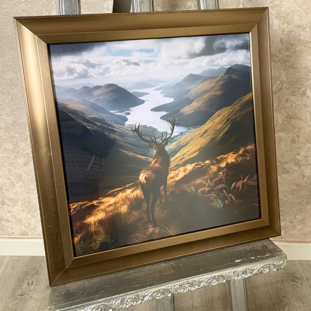 Stag on Hill Wall Art with Gold Frame