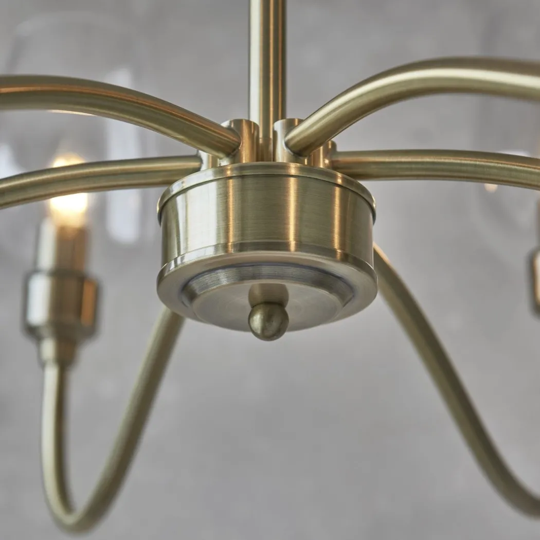 Stourton 6 Light Antique Brass & Glass Pendant Ceiling Light