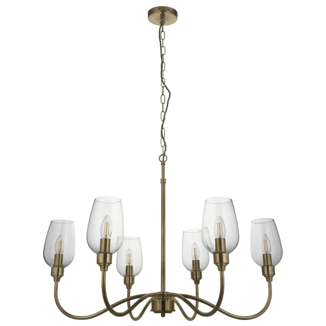 Stourton 6 Light Antique Brass & Glass Pendant Ceiling Light