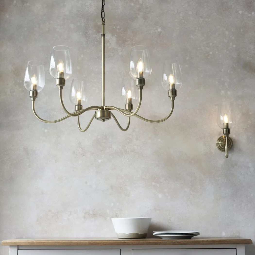 Stourton 6 Light Antique Brass & Glass Pendant Ceiling Light