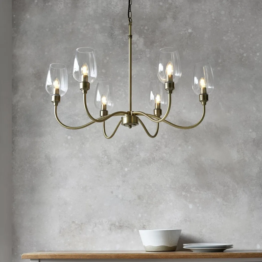 Stourton 6 Light Antique Brass & Glass Pendant Ceiling Light