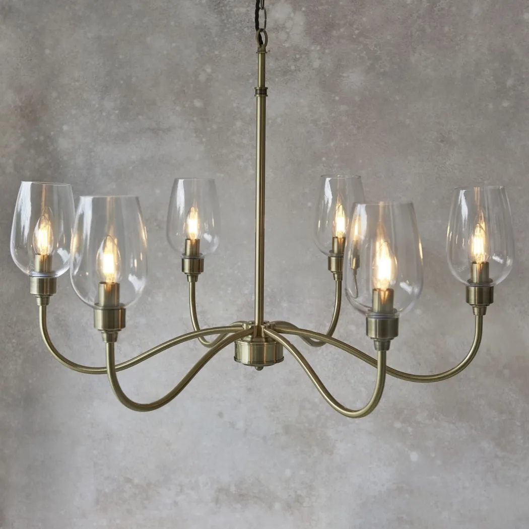 Stourton 6 Light Antique Brass & Glass Pendant Ceiling Light