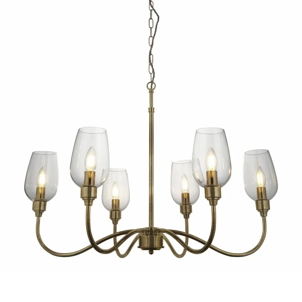 Stourton 6 Light Antique Brass & Glass Pendant Ceiling Light