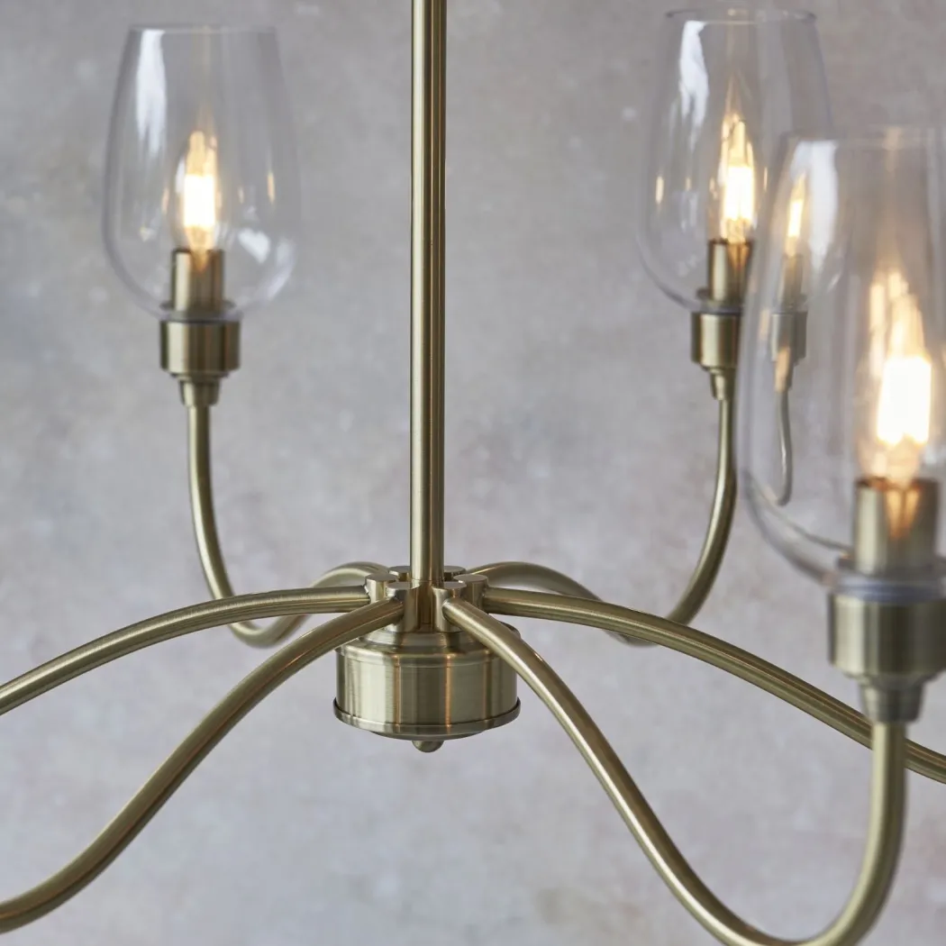 Stourton 6 Light Antique Brass & Glass Pendant Ceiling Light