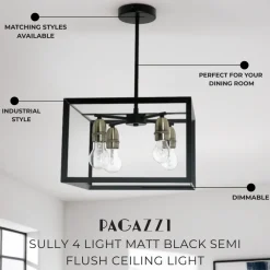Sully 4 Light Matt Black Semi Flush Ceiling Light