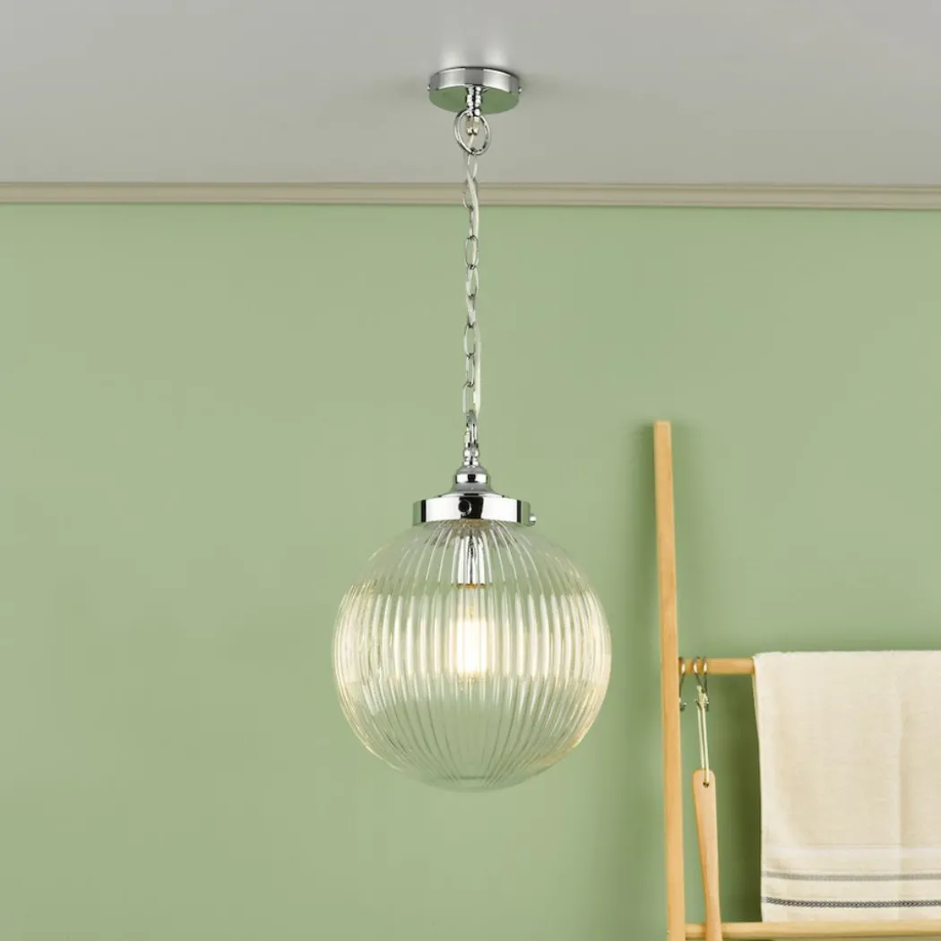 Tamara IP44 Ribbed Glas Polished Chrome Ceiling Pendant Light